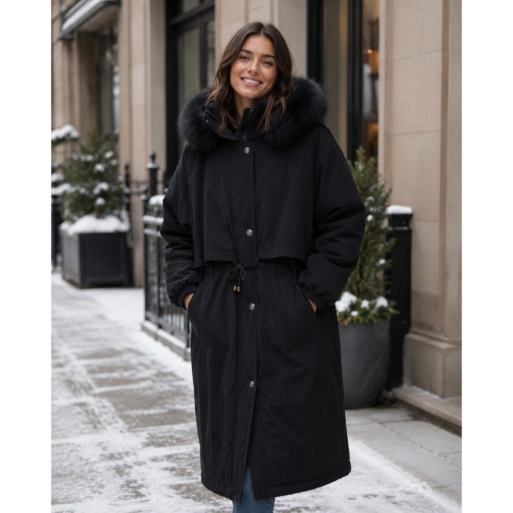 Vintage J.Gallery Down Parka Women M Black Long Fox Fur Trim Hooded Puffer Coat